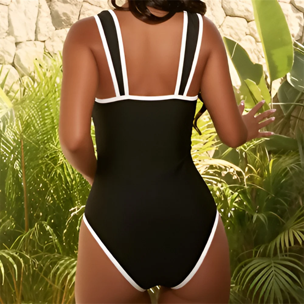 Sexy Black and White Stripes Contrast Color Swimsuit Starfish Buckle Swimwear Women Wide Straps Beach Outfit Hollow Bathing Suit