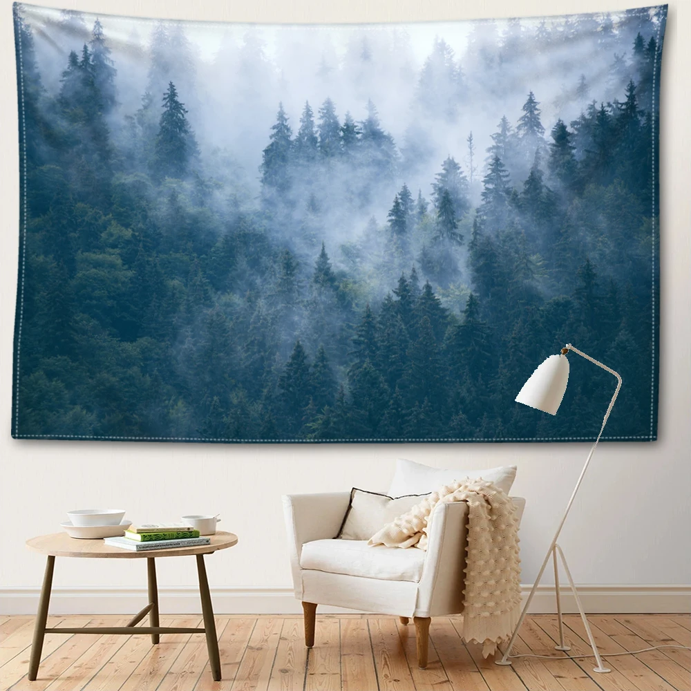 Misty Forest Tapestry Wall Hanging Natural And Minimalist Scenery Bohemian Art Modern Style Home Decor