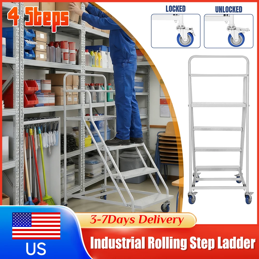 

445LBs Capacity 4Steps Rolling Step Ladder Industrial Heavy Duty W/ Wheels Movable Ladder for Library Warehouse Goods Retrieving