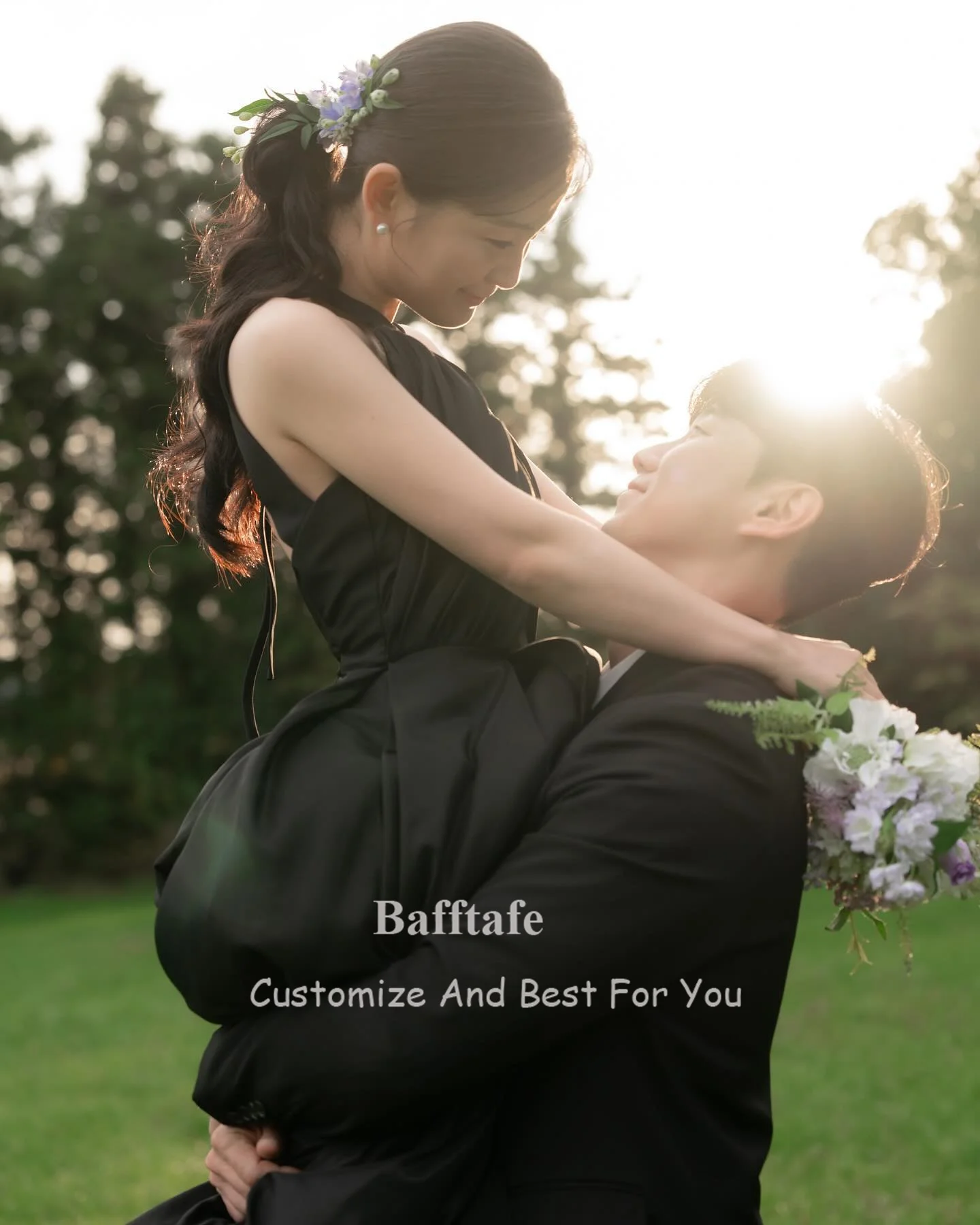 Bafftafe Black Korea Lady Prom Dresses Satin Halter Wedding Photo Shoot Gowns Customized FormalSpecial Party Evening Dress Women