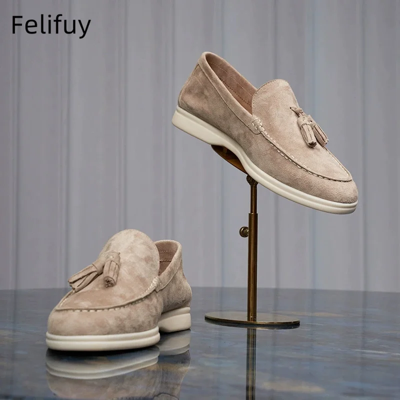 Men’s Slip-On Tassel Cow Suede Loafers Beige Soft Men’s Real Leather Loafers for Business Casual Loafers with Soft Leather