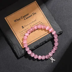 Handmade Cat Eye Stone Bracelet Opal Quartz Pink Ribbon Beads Charm Bracelets for Women Breast Cancer Awareness Jewelry Gift