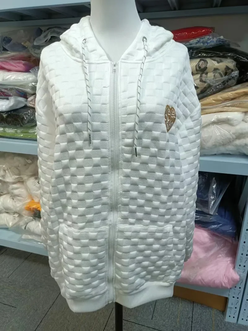 Jaqueta feminina uniforme de beisebol waffle, capuz estilo harajuku solto, moletom extragrande, streetwear branco, outono, 2024