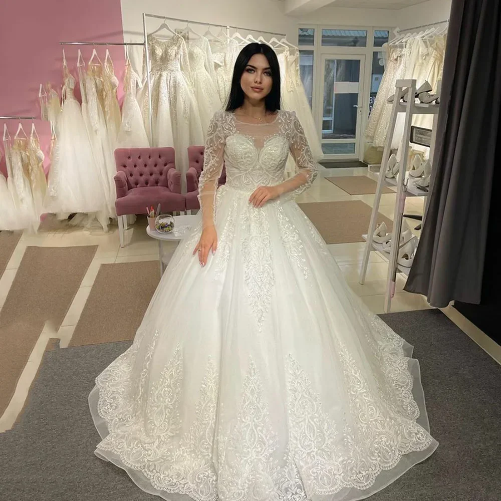 Customized Scoop Neck Luxury Appliques LaceGown Ivory Bridal Dresses Long Sleeves Bridal Gown Classic Retro Casual Fashion Simp