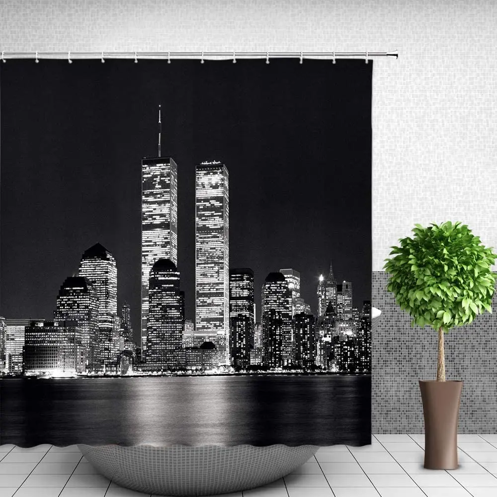 Black White New York City Scenery Shower Curtains Set 3D Building Home Wall Backdrop Decor Nordic Polyester Bathroom Bath Screen