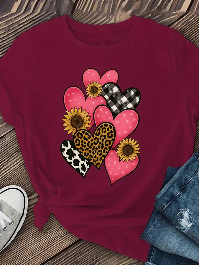 Women Western Country Graphic Tee Mixed Print Hearts Sunflower Leopard Cow Plaid Polka Dot Print Crew Neck Short Sleeve Casual Wine Red T Shirt