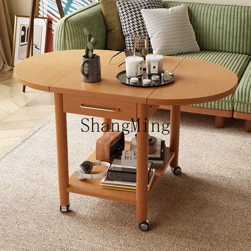 

ZYY solid wood coffee table mobile folding living room storage sofa side table modern simple small dining car