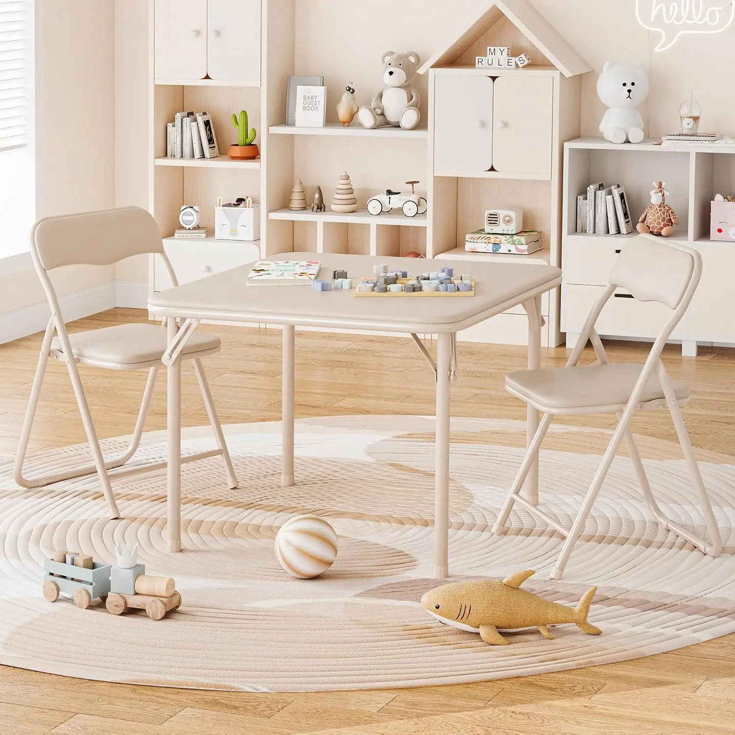 

Boys And Girls Folding Table And Chairs Set Of 3, Portable Table And Chair With Pu Soft Cushion,Suitable For Eating,Reading And