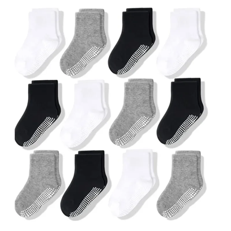 12 Pairs/Lot Non Slip Toddler Socks  with Grip for Boys Girls Baby Infants Kids Anti Skid Cotton Crew Socks 1-7Years