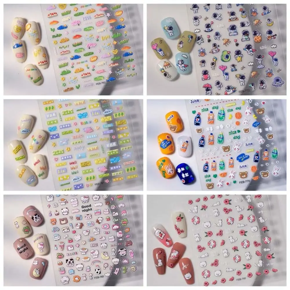 Rabbits Cartoon Bear Nail Stickers Embossed Stickers Flowers Rabbits Nail Decals Manicure Ornaments Nail Supplies