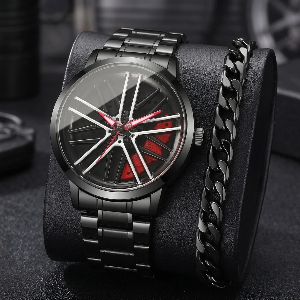 2PCS Men Car Rim Quartz Watch With Cuban Bracelet Black Stainless Steel Band Sports Male Wrist Watch Gift (Without Box)