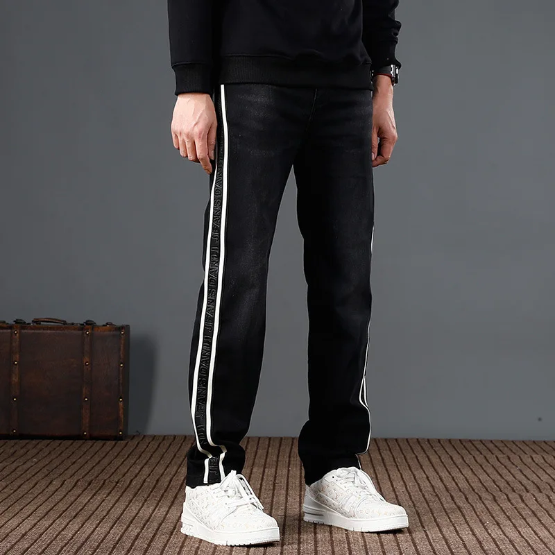 

2024 New Fashion Stripe Black Jeans Men's Loose Straight Street Trend American Sports Style Denim Pants