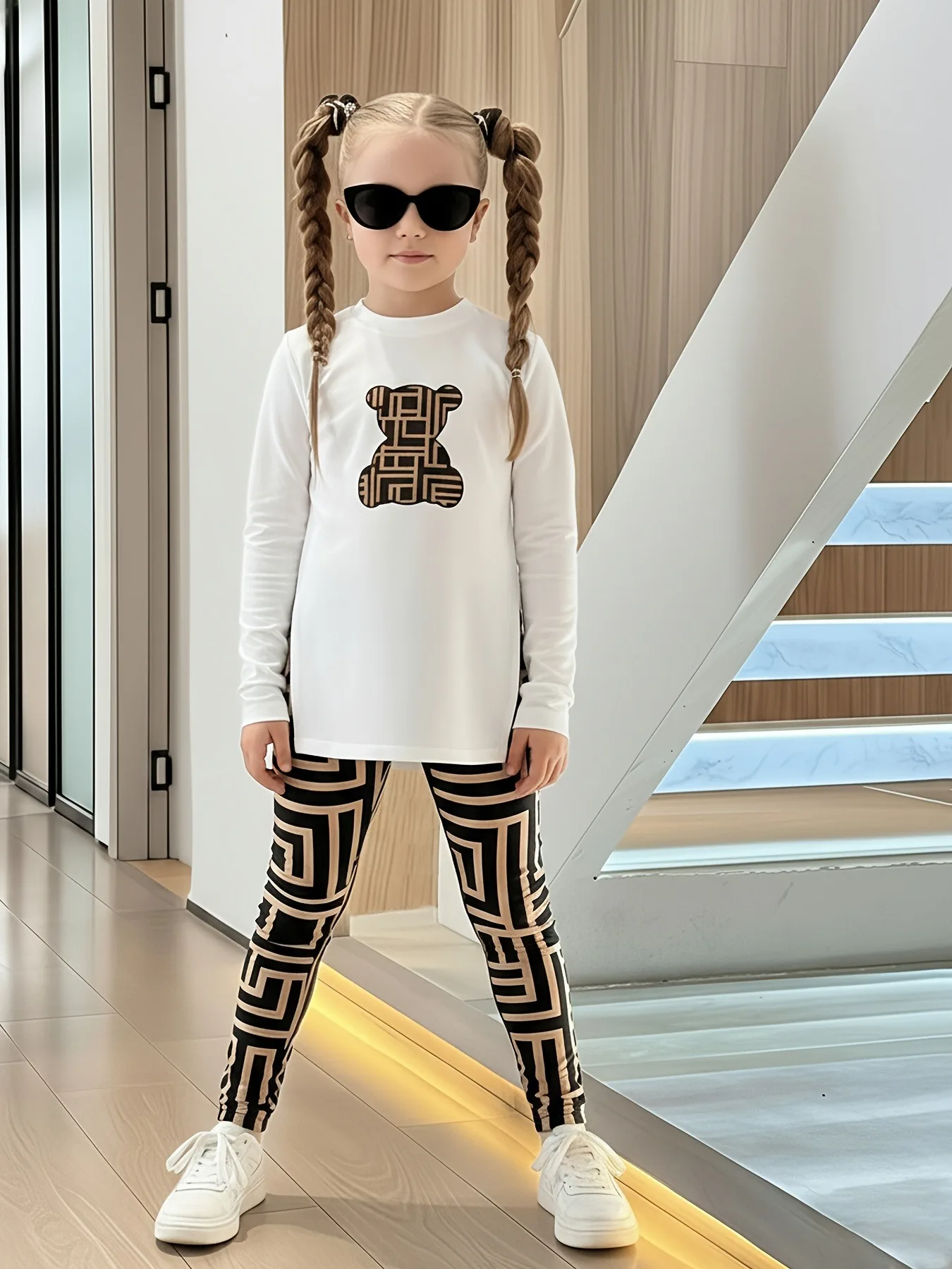 Fashion Girls 2Pcs Clothing Set Cartoon Bear Long Sleeve Tee Geometric Pattern Leggings For Casual Daily Street School 4‑12Y