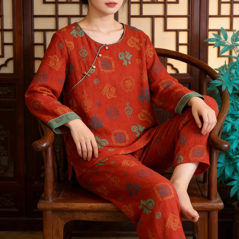 

Женский пижамный комплект из чистого хлопка, мягкий дышащий китайский Новый год с принтом удачи, красный макет с воротником с лацканами, свободная одежда для дома