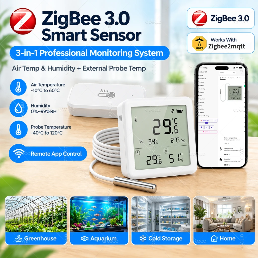 Zigbee 3.0 Temperature Humidity Sensor With External Probe Meter Digital LCD Screen Thermometer For Freezer Fish Tank Tuya Z2M