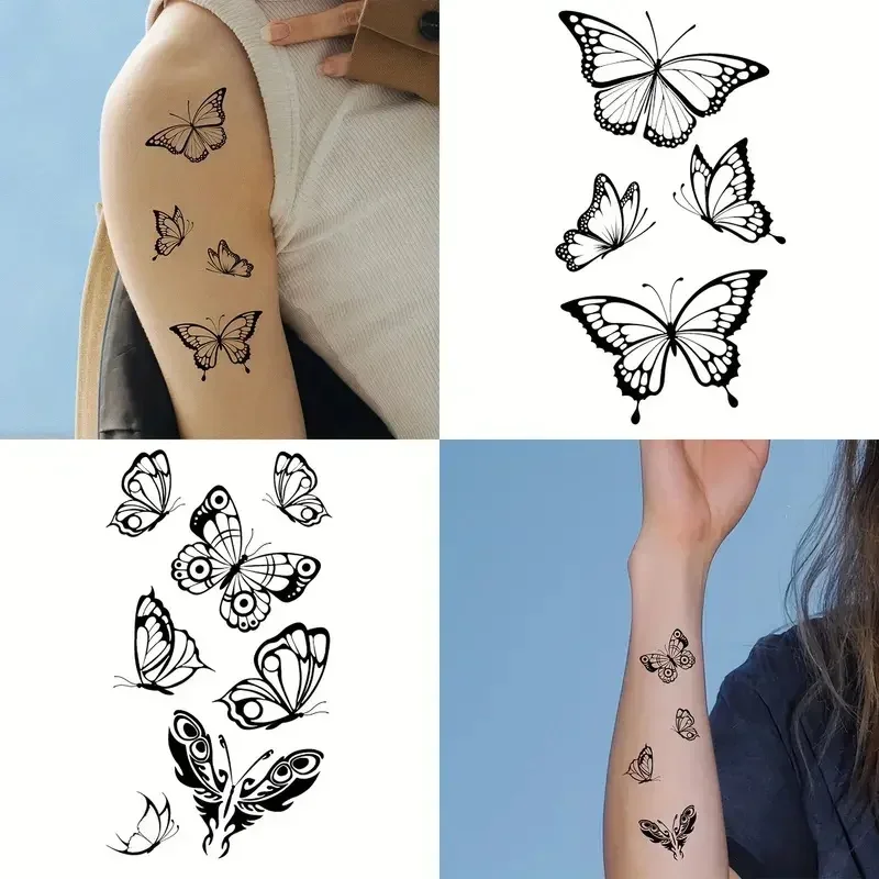 60pcs/pack Women Black Butterfly Ttattoos Small Pattern Aesthetic Sexy Fake Tattoos for Arm Thigh Ankle Clavicle tatuajes ninas