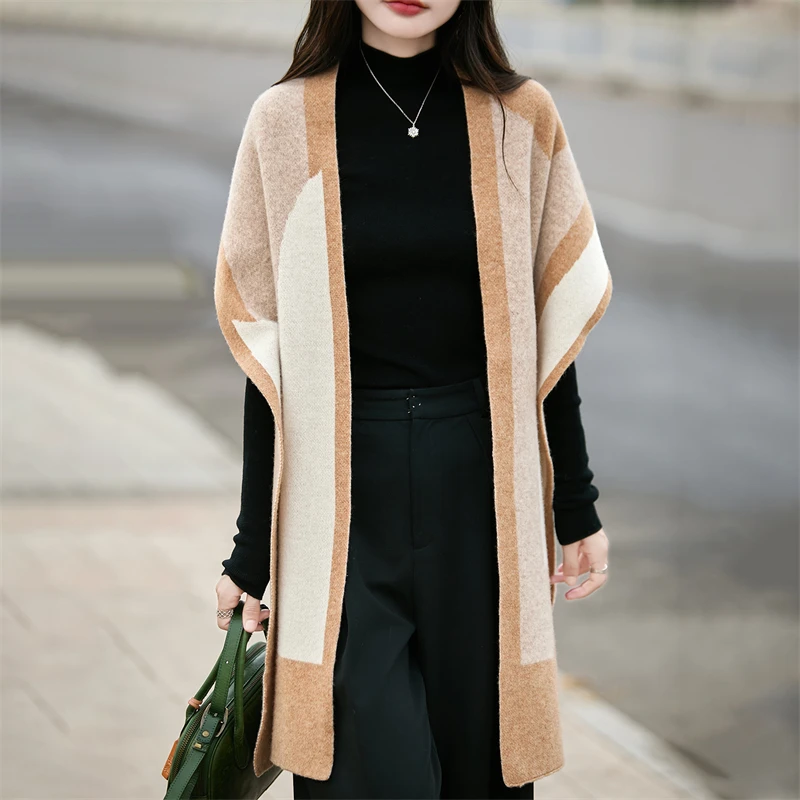 100%Merino Wool Shawl Scarf Women's Loose Joker Thick Shawl Fashion Color Matching Knitted Scarf Autumn and Winter New Shawl2025