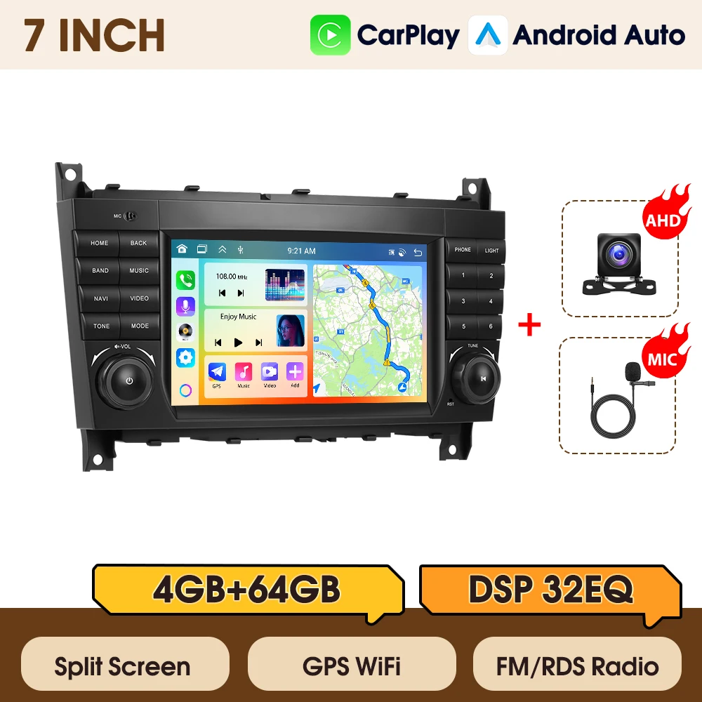 Podofo 7'' 4+64G Autoradio für Mercedes-Benz W203, Multimedia-Player mit Carplay, Android Auto, WLAN, GPS, FM, RDS