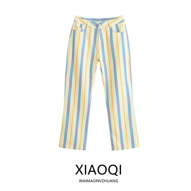 

Summer 2026 Women's Casual Striped Straight Leg Low Waist Nine-Tenths Jeans Low Rise Straight Pants Ladies Fashion