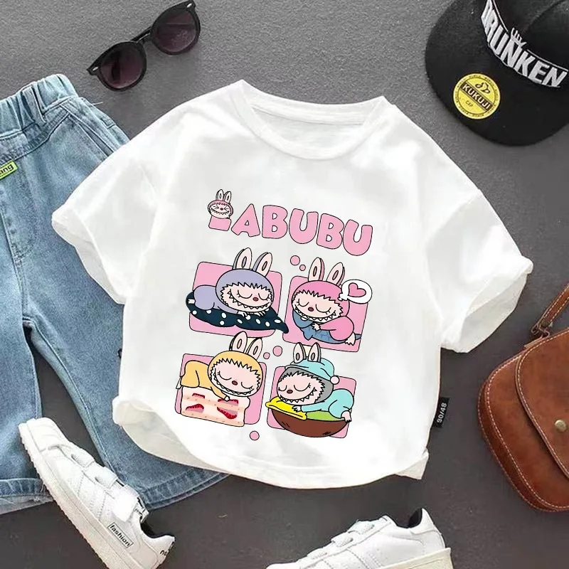 Labubu bonito meninos meninas roupas personagem dos desenhos animados impressão gráfica criança t camisas legal confortável moda topos presentes de festa de aniversário