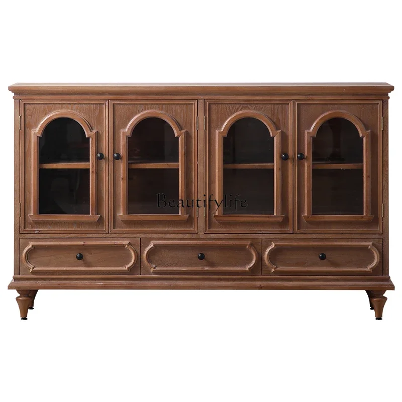 

LFrench side cabinet Solid wood retro porch opposite the door Arched walnut color living room against the wall Locker