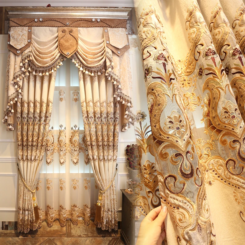 

Classical European Curtains Luxury Custom Curtains for Living Room Bedroom Chenille Tulle Curtains Beige Coffee 2 Color Cortinas