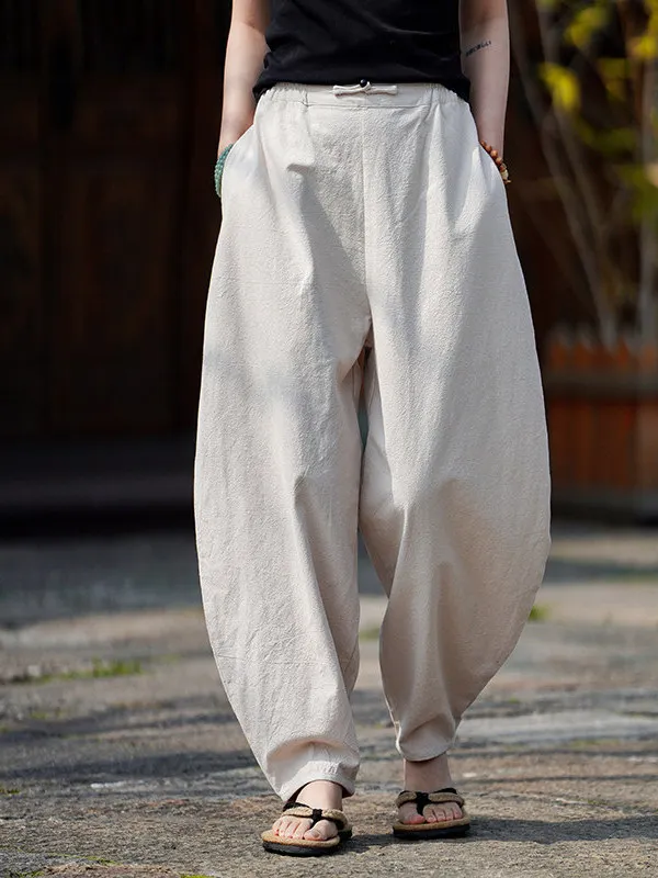 Casual Cotton Linen Wide Leg Pants Men's High Waist Lantern Pants Asymmetrical Decorations Moisture Wicking Summer Trousers