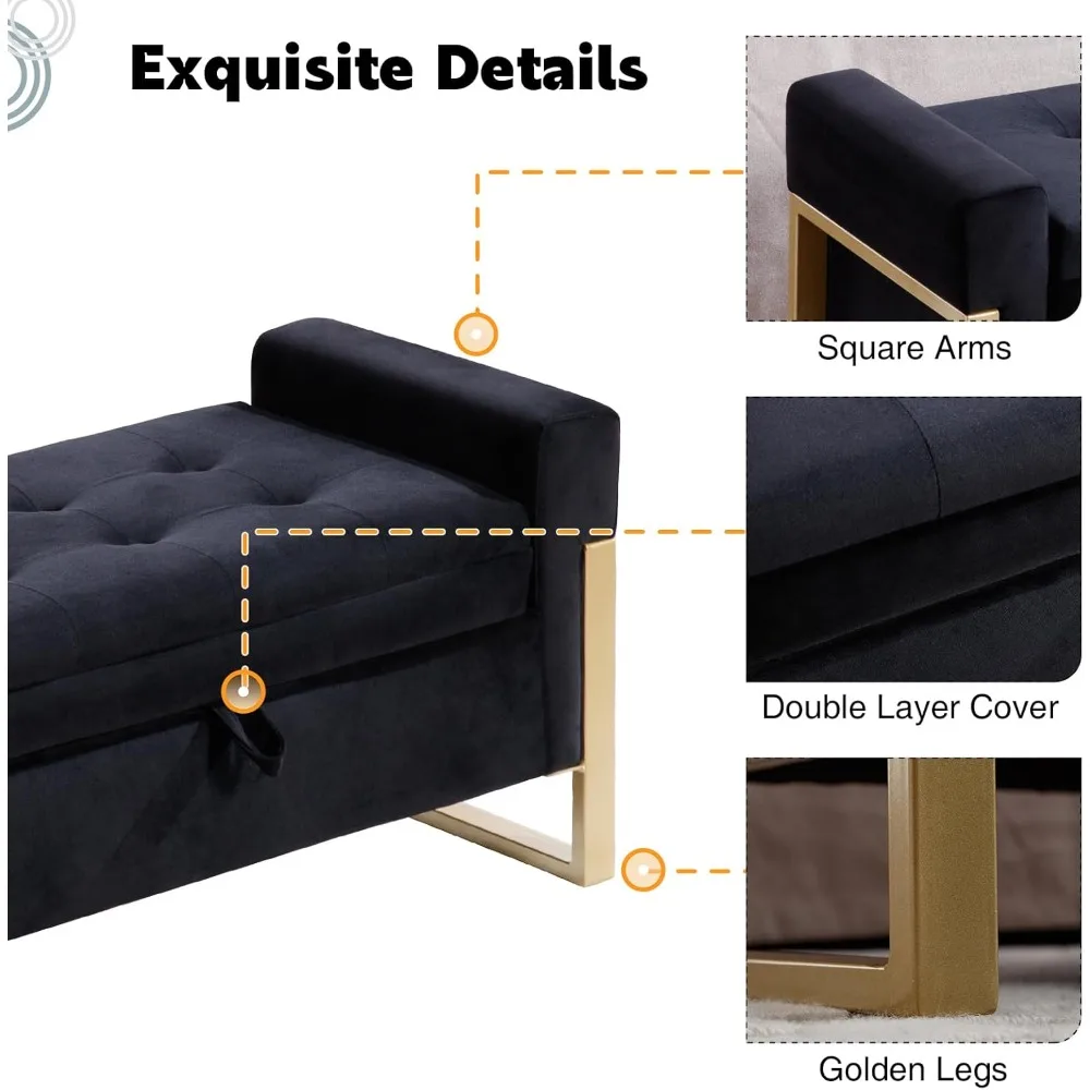 مقعد عثماني لتخزين غرفة النوم بحجم كينج مع تنجيد مخملي وأرجل ذهبية، نهاية مزدوجة من حل تخزين السرير #4