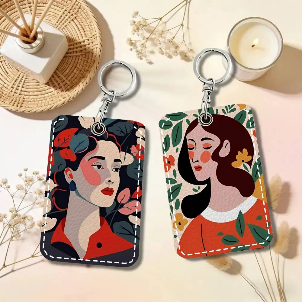 Elegant And Charming Woman Style Art Card Case Keychain Access Card Bag Key Tag Ring Leather Card Holder Key Ring Access