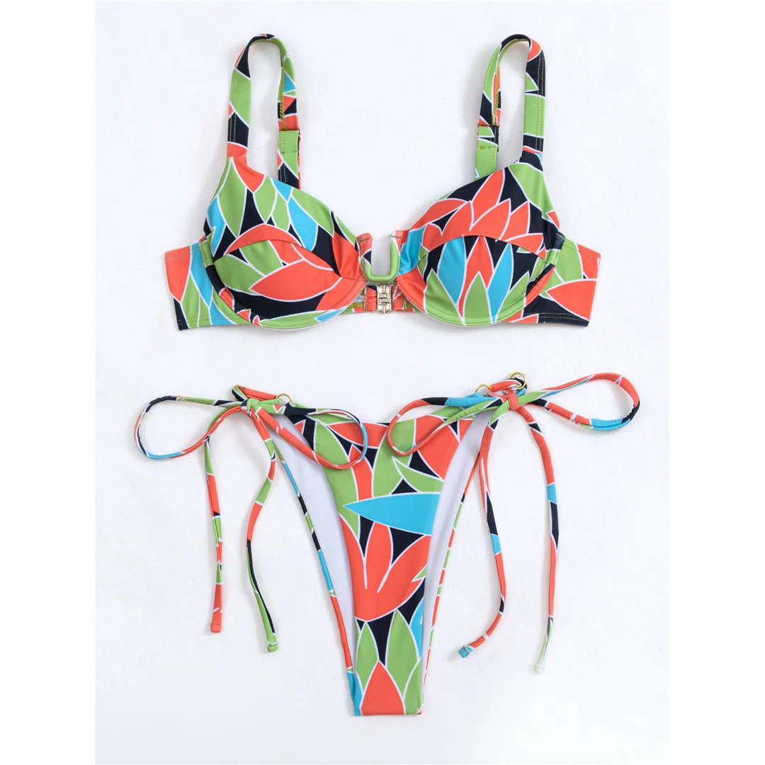 Bunter, bedruckter, mit Bügel verstärkter U-Ausschnitt-Bikini, Damen-Badebekleidung, zweiteiliger Bikini-Set, Badeanzug, Badebekleidung, Schwimmbekleidung V4900 – Detail 12