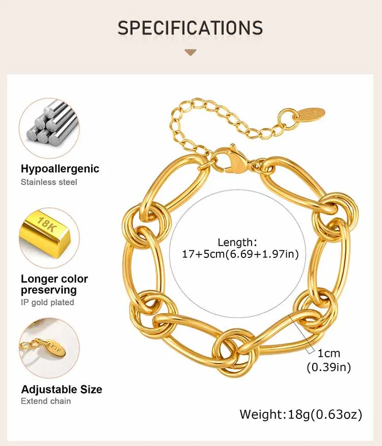 18K Vergoldetes Chunky Link Armband für Damen, Verstellbares Statement-Schmuckstück mit ineinandergreifender Edelstahl-Kreiskette – Detail 3