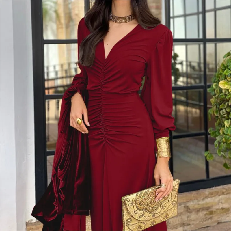 Sukienki damskie z długim rękawem, jednolite, seksowne sukienki z dekoltem w serek, codzienne długie sukienki, eleganckie sukienki na imprezę.