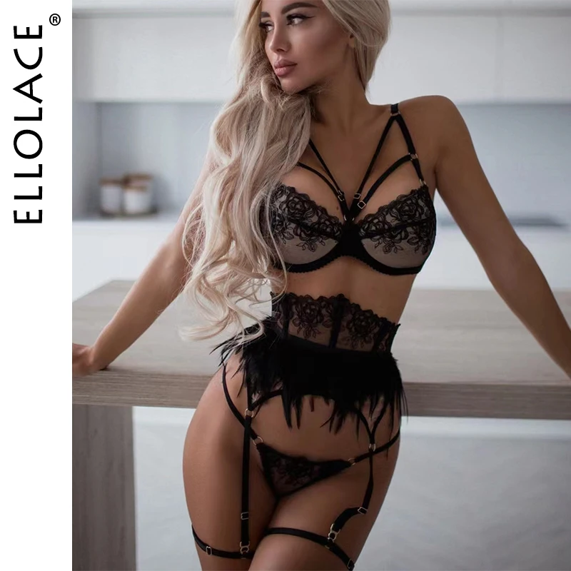 Ellolace Feather Lingerie Embroidery Fancy Female Underwear Transparent Bra Luxury Lace Intimate Delicate Erotic Brief Sets