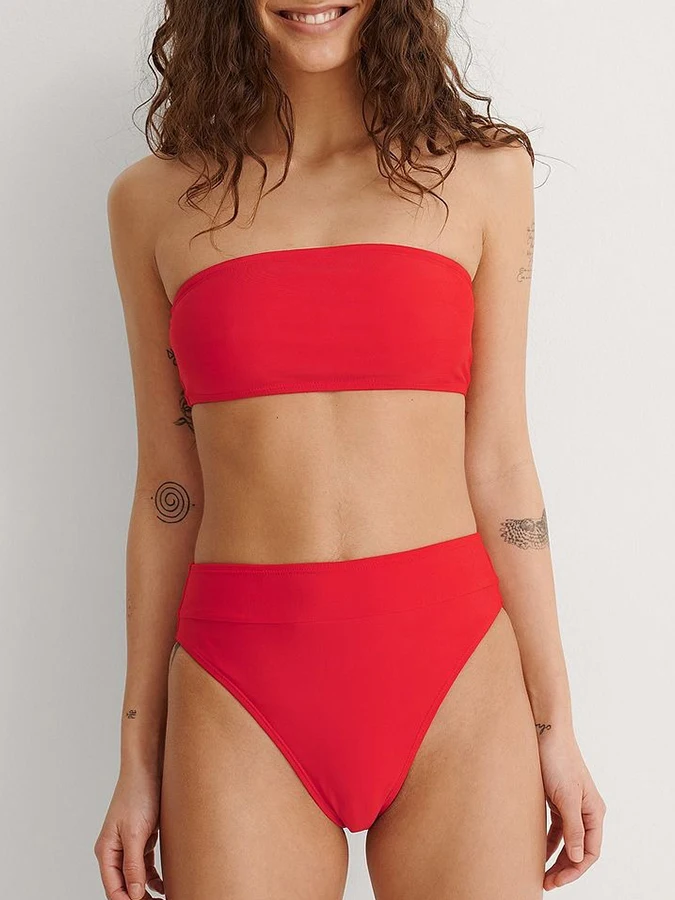 

Solid Color Bikini Without Shoulder Or Strapless Design High Waist Black And Red Two Optional Beachwear Sexy Bathing Suits