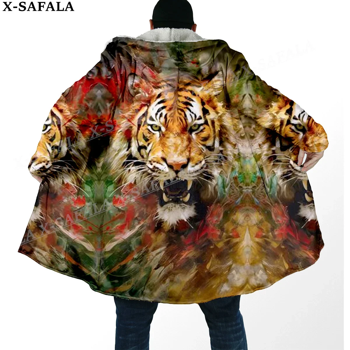 Mythology Tiger The King Spirit Thick Warm Hooded Cloak Men Overcoat Coat Windproof Fleece Cape Robe Hooded Blanket-42