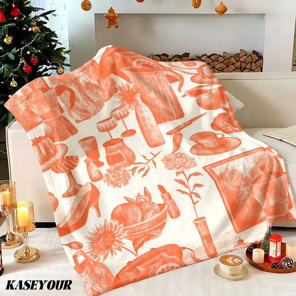 Orange Lifestyle Sketch Winter Summer Flannel Blanket Throw Fleece Soft Fuzzy Plush Cozy Fleece Blankets for Sofa Ideal Gifts
