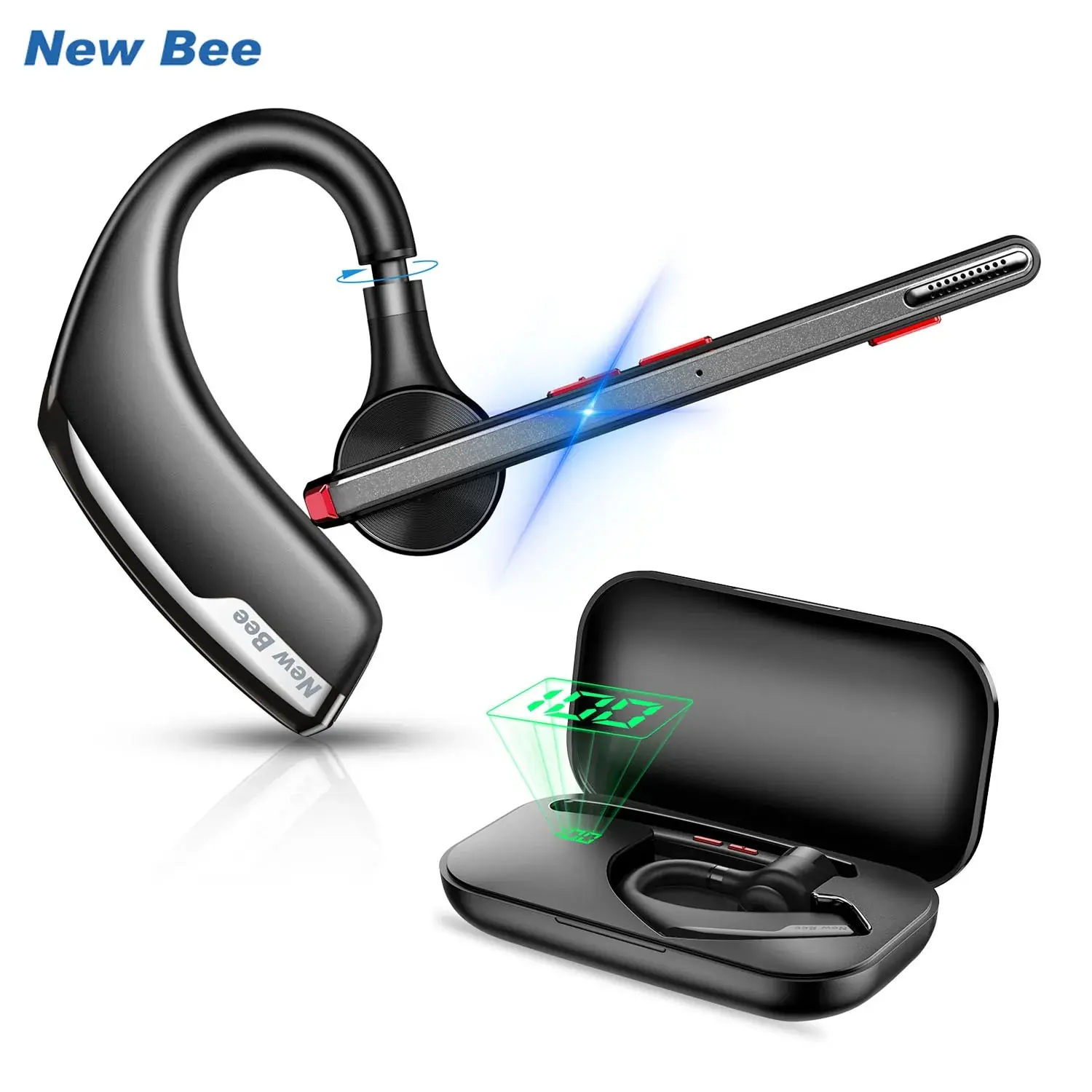 New Bee M51 Bluetooth 5.2 Wireless Headset Earphones Headphone with Dual-Mic CVC8.0 Noise Cancelling Handsfree Business Earbuds