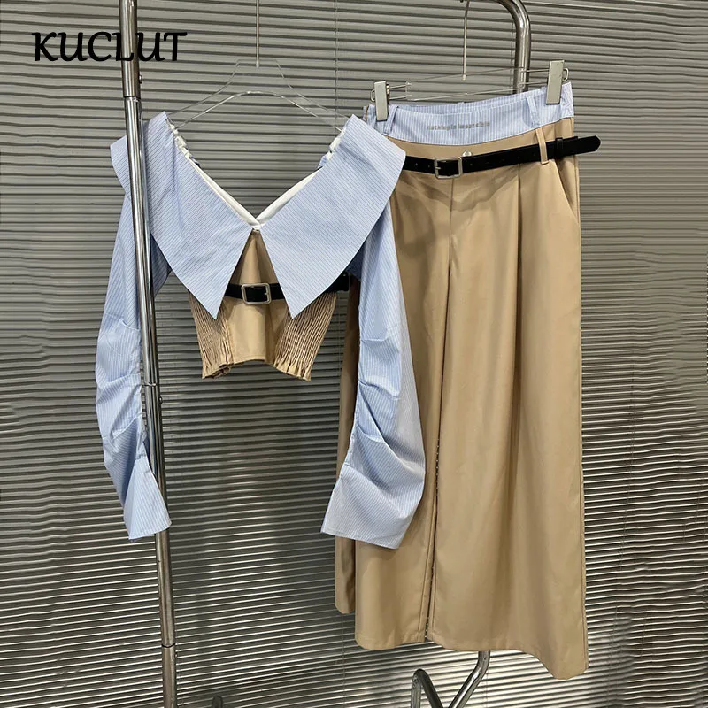 

KUCLUT Fashion Women's Two-pieces Set Contrast Color Waist Elastic With Belt Shirt High Wasit Straight Leg Suit Pants 1A278