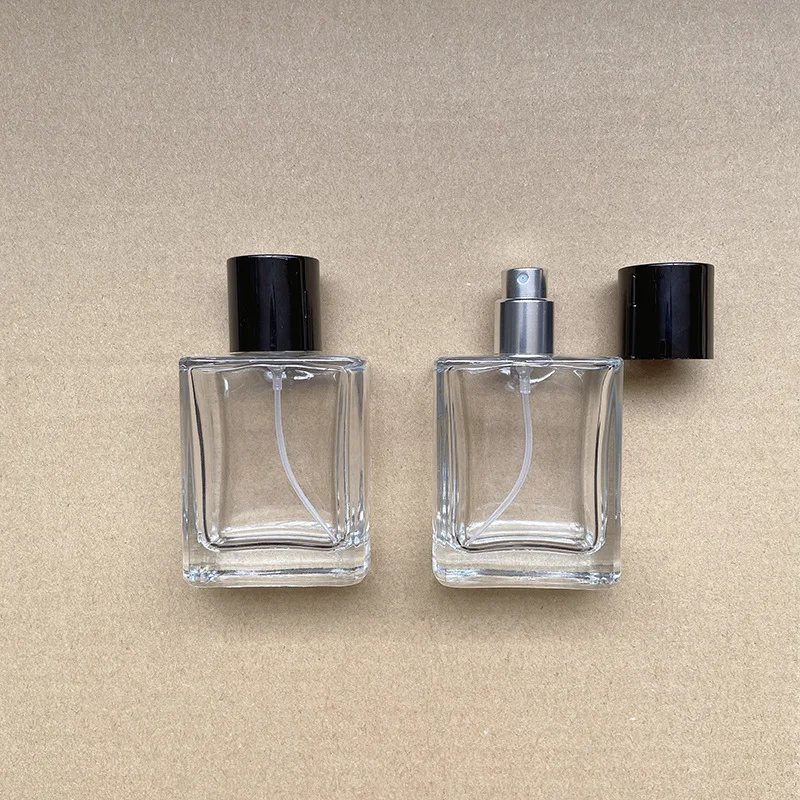 Perfume Bottle Empty Flat Square Clear 30ML 50ML 100ML 5pcs Cosmetic Packaging Black Cover Silver Mist Spray Glass Atomizer