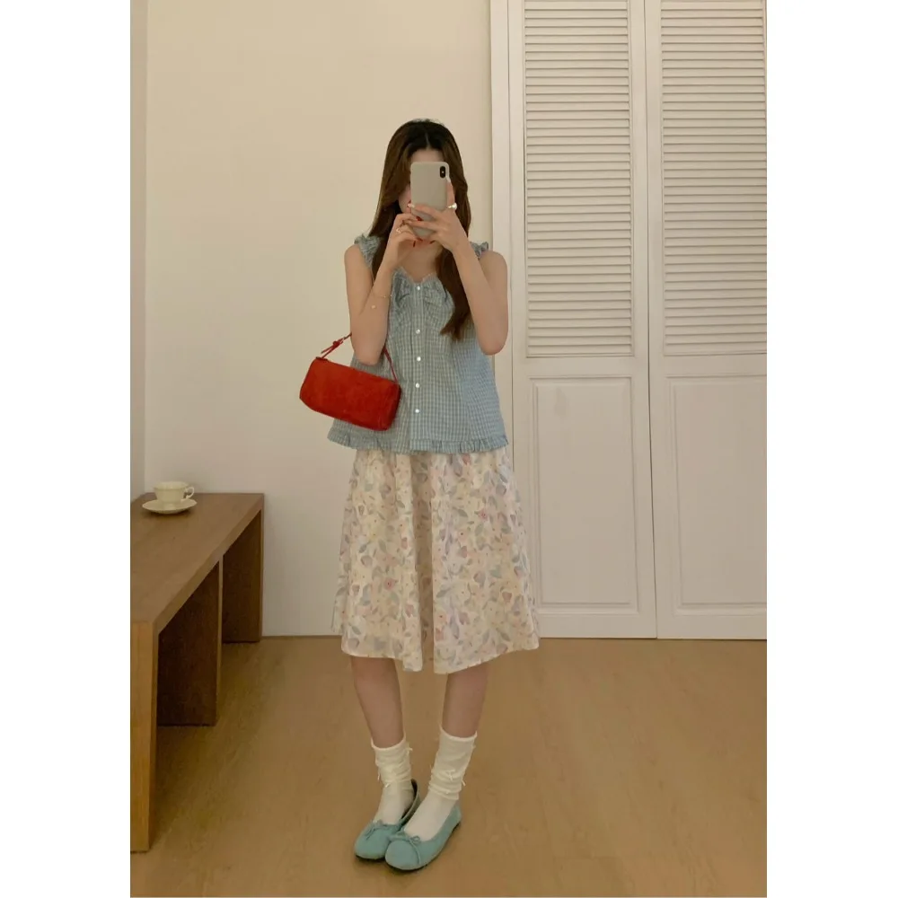 

Summer 2026 New Sweet Cream Floral Elastic Waist A-Line Skirt Girls Large Skirt Slimming Umbrella Skirt Women's Cotton E...