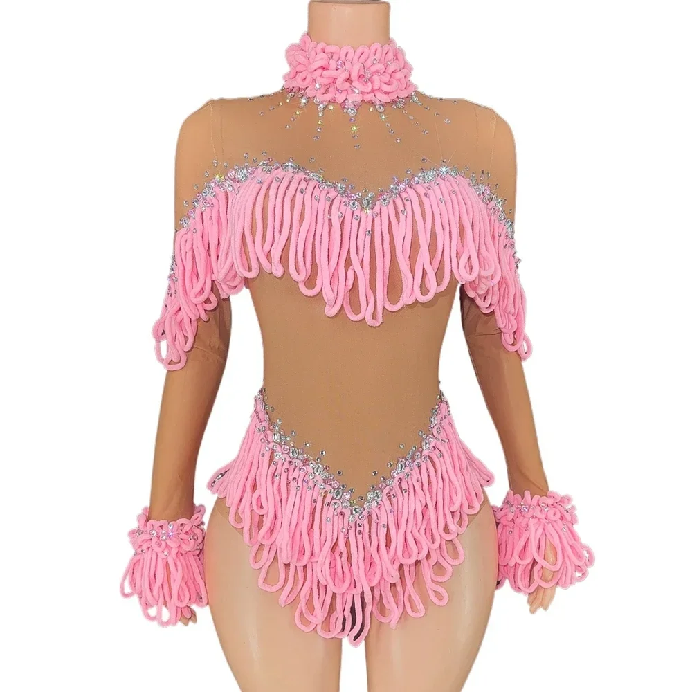 

Женский сексуальный сетчатый прозрачный танцевальный костюм для выступлений, сценическая одежда, блестящие стразы, боди с кисточками, наряд для ночного клуба