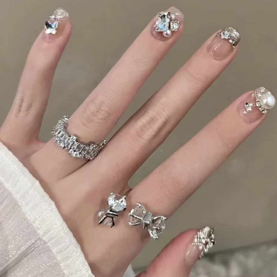 Japonés coreano brillante Rhinestone perla cristal brillo polvo uñas postizas arte uñas postizas encantos punta prensa en uñas manicura