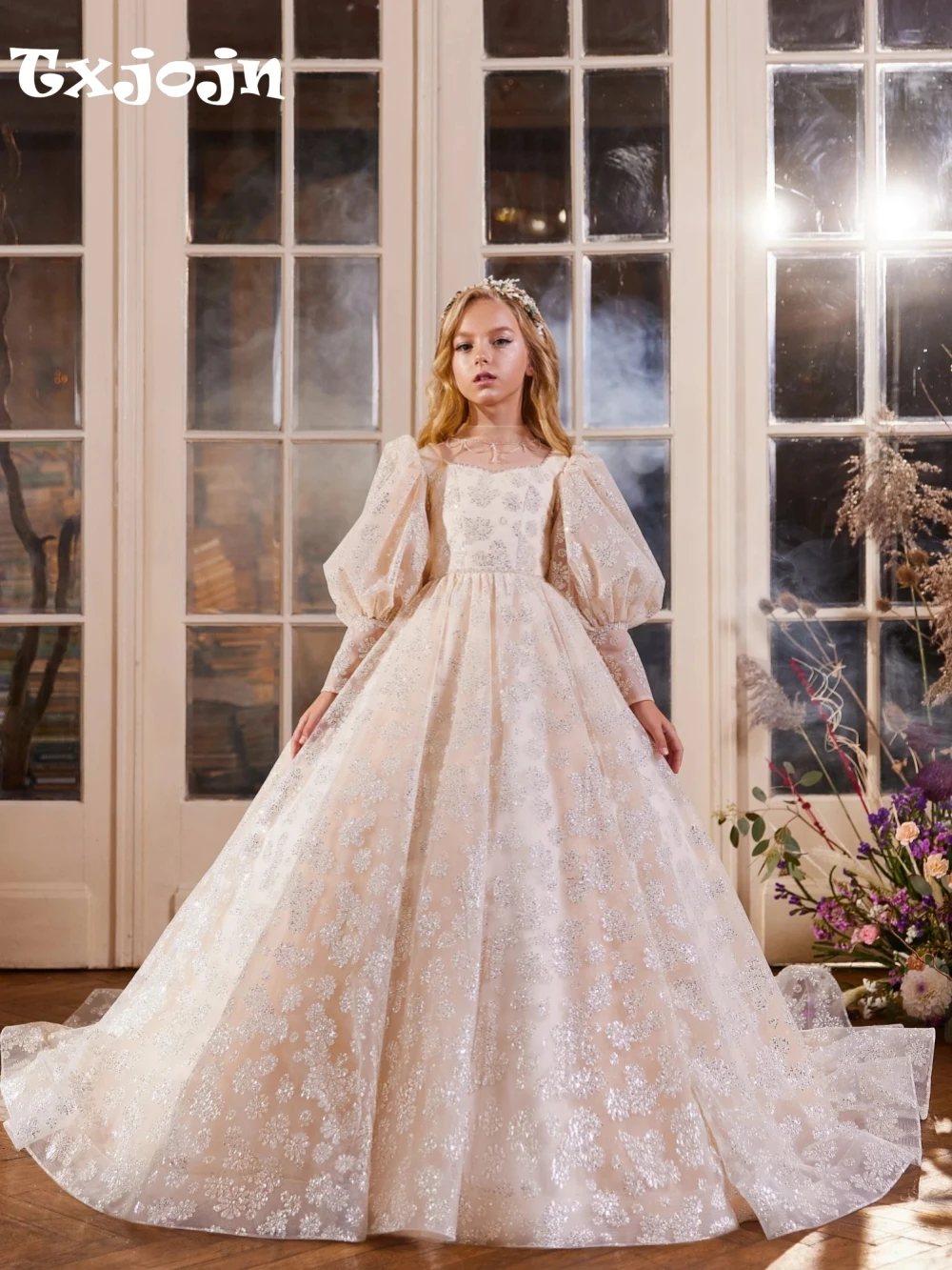 Girls Luxurious Sequined A-line Long Princess Gown Birthday Party Wear Elegant Sparkly High Collar Kids Dresses For Performance