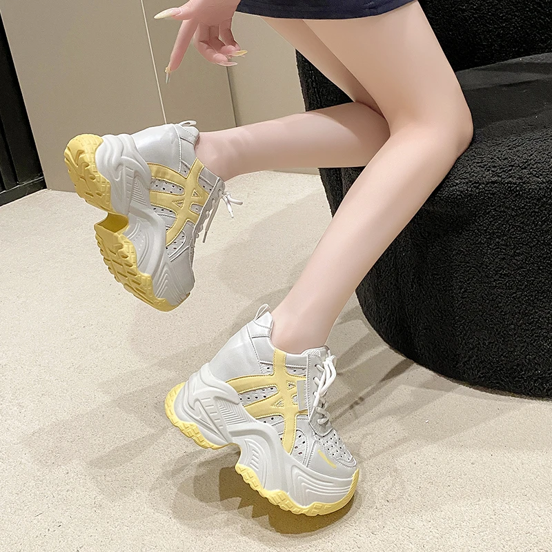 Women Autumn Breathable Chunky Sneakers Lace Up Platform Sports Shoes Woman Thick Bottom 10CM High Heels Female Wedges Sneaker - view 4