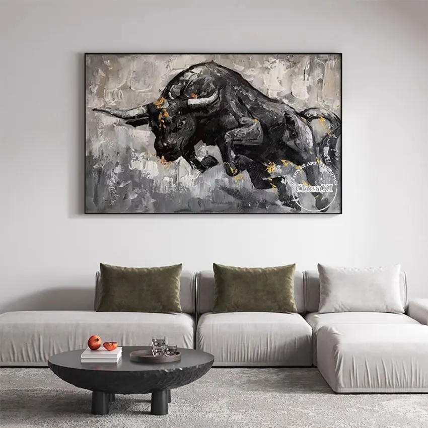 Abstract Running Bullfighting Canvas Picture, Hand-painted, Unframed Animal Oil Painting, Wall Art Panel Set Item, Bar Decor