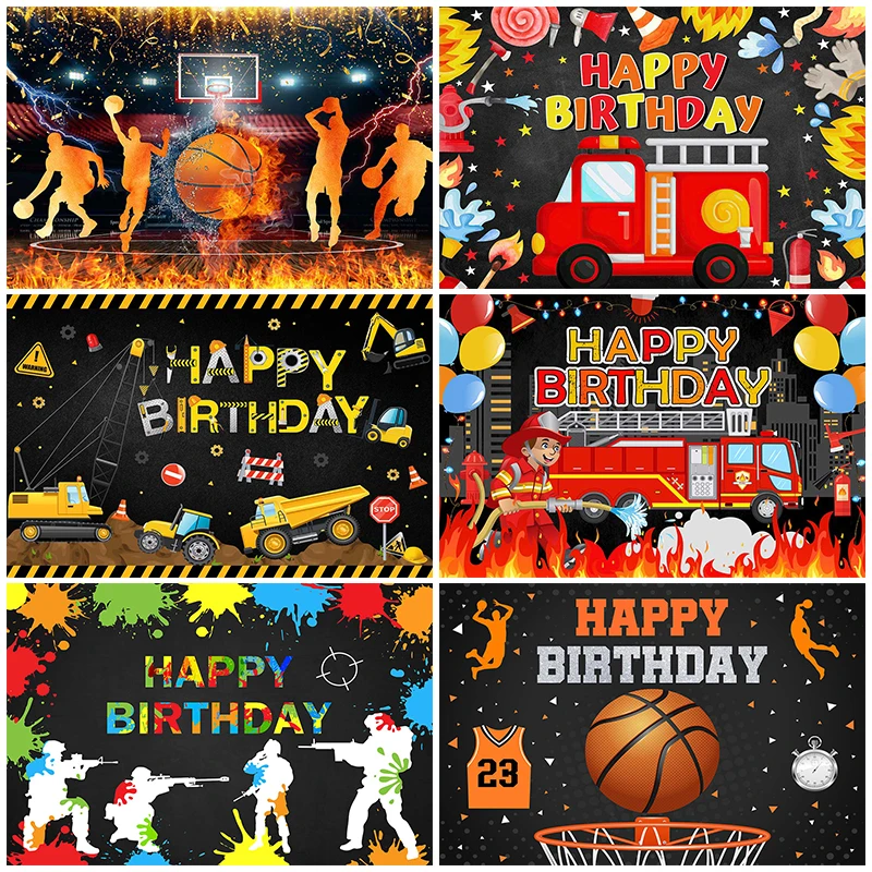 Mocsicka Photography Background Boys 1st Birthday Party Kids Portrait Decor Basketball Fire Engine Backhoe Backdrop Photo Studio