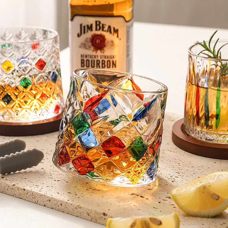 

JINYOUJIA-Luxury Whisky Tumbler Cup with Wood Base, Spinning Glass, Thickened Martini Glass, Tequila Shots, Crystal Glass