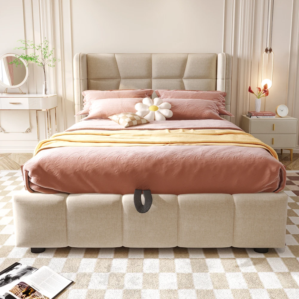 180x200cm gepolstertes Doppelbett mit pneumatischer Stauraum-Lattenrostunterlage und Rückenlehne – Leinenrahmen für Erwachsene und Jugendliche (ohne Matratze) – Detail 16