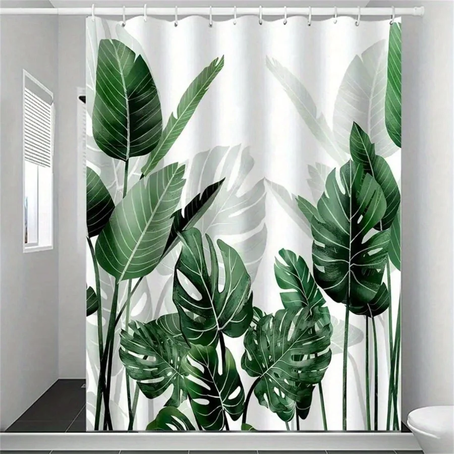

Open 1pc Green Large Leaf Digital Print Polyester Bathroom Decoration and Accessories Shower Curtain Free Punch Partition Bath