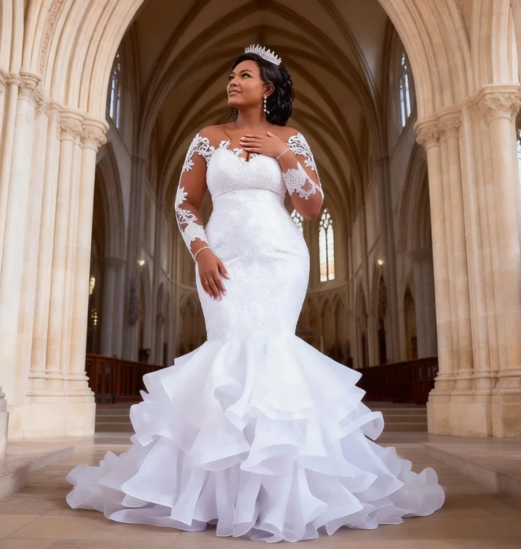 Customized Mermaid Wedding Dresses Off Shoulder Long Sleeve Organza Skirt Bridal Gown Perfect for Bride's Church